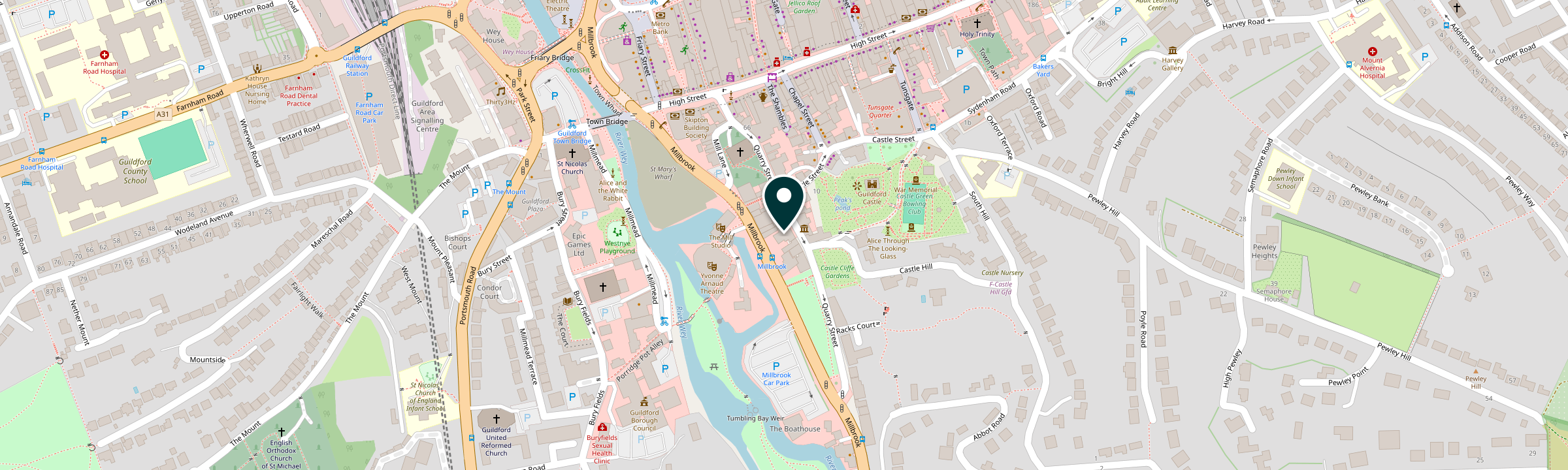 Map showing The Home Club, 11 Quarry Street, Guildford GU1 3UY